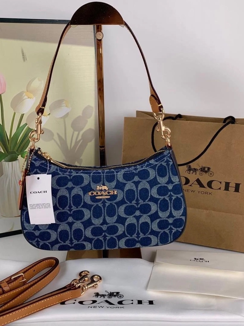Coach Blue Signature Denim Crescent Shoulder Bag with Brown Leather Strap